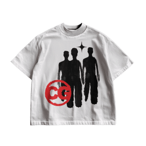 White baggy oversized T-shirt with dropped shoulders. Front graphic features three black shadow figures in a rough brush style, a small star above, and a bold red CG circle logo detail. Grunge-inspired design with a modern streetwear and edgy artistic vibe.
