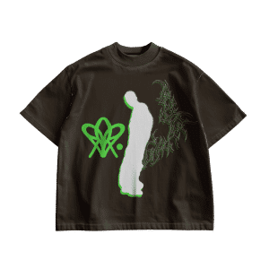 Chocolate baggy T-shirt with a white human silhouette in the center outlined in neon green, a green abstract symbol on the left side, and intricate green tribal-style line art on the right side.